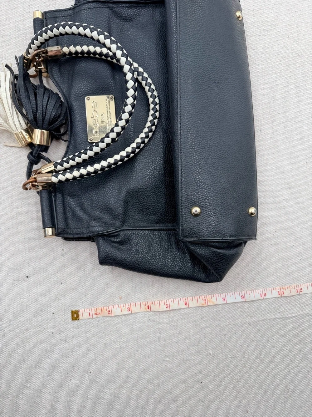 bebe Black Satchel with Braided Two-Tone Handles and Tassels